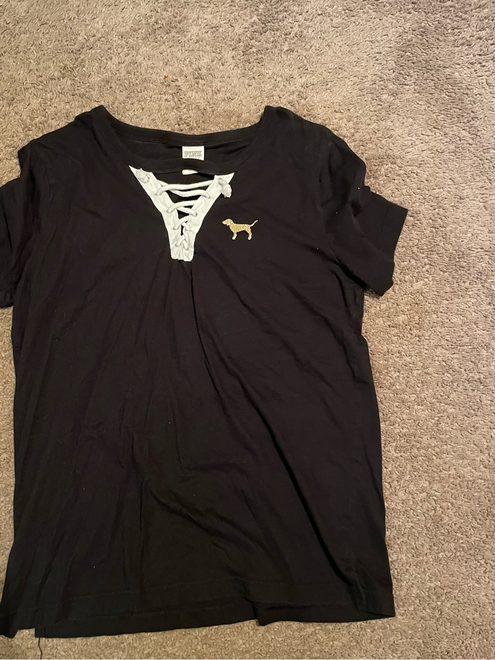 PINK Victoria's Secret Black Short Sleeve Lace-Up V-Neck Tee with Gold Dog Logo